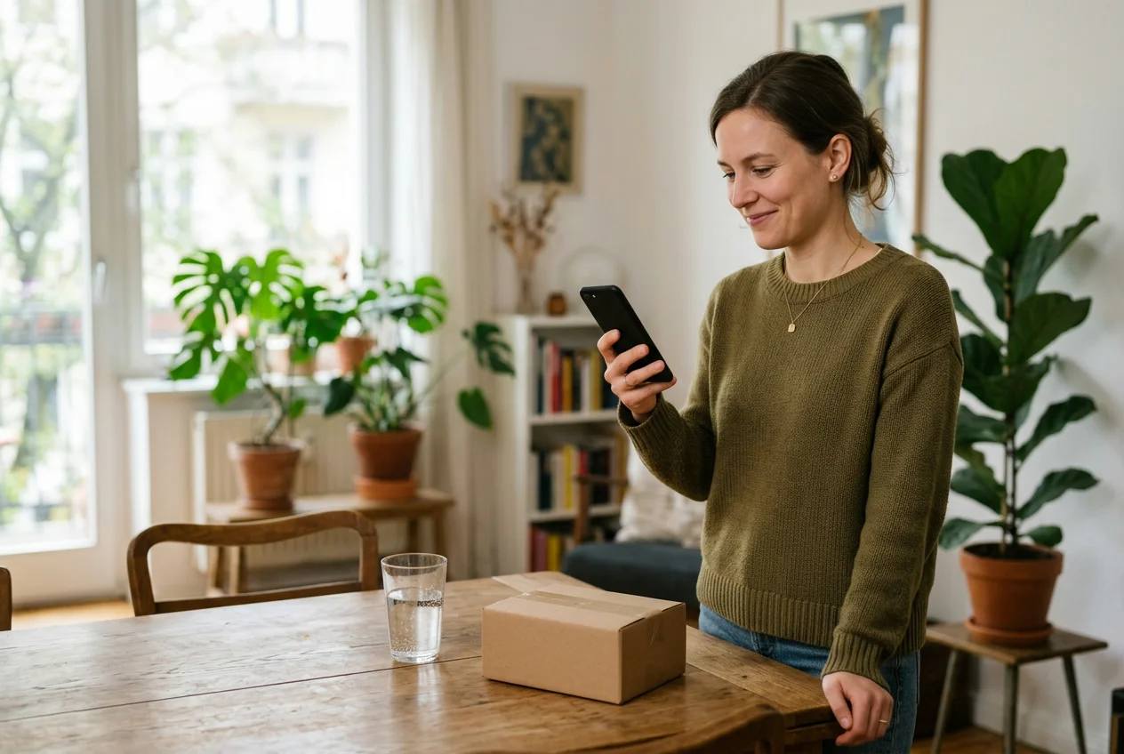 Frau sieht am Smartphone eine bestätigte Cashback-Gutschrift